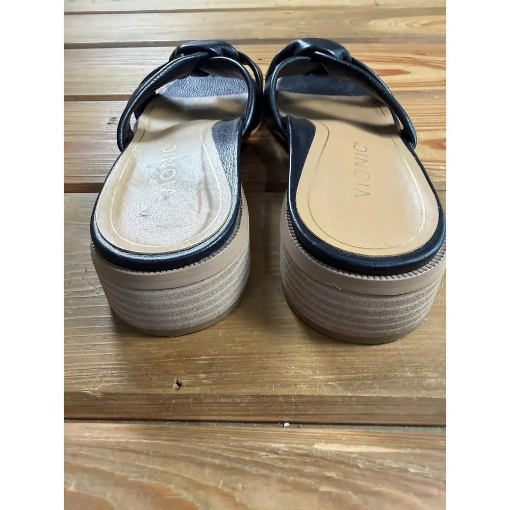 Vionic Black Leather Knotted Slide Sandals Women’s 8.5 Comfort Platform Mule
